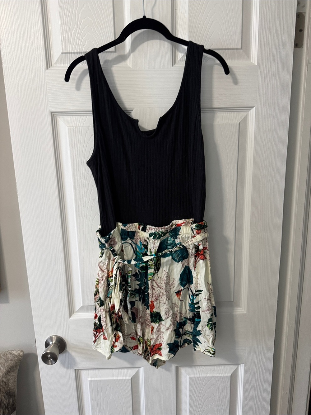 SHEIN Black Tank Bodice with Tropical Print Paperbag Waist Romper